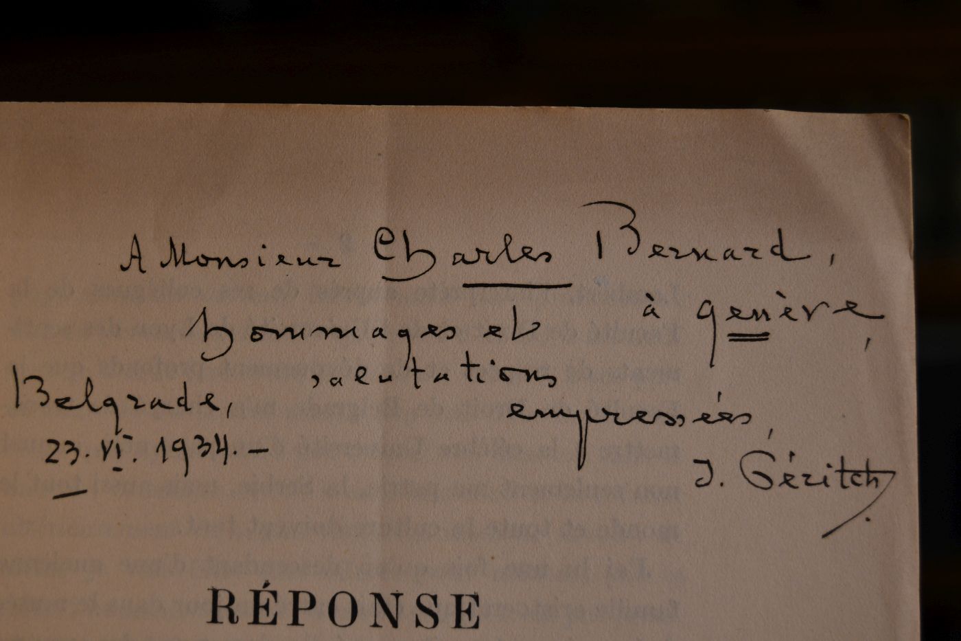 Reponse de M. Le Professeur Jivoine Peritch.