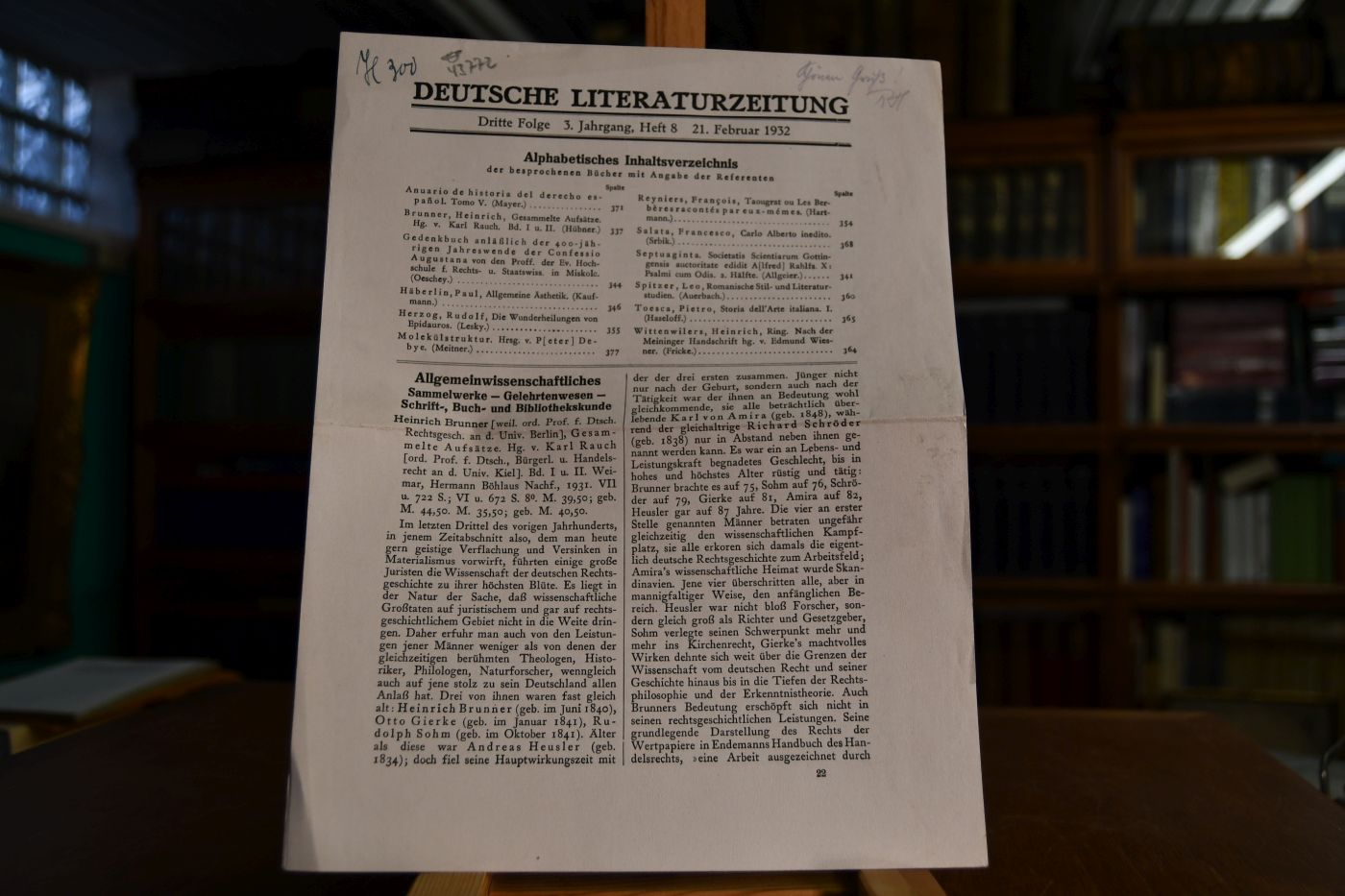 Buchbesprechung Heinrich Brunner, Gesammelte Aufsätze, Weimar, Hermann Böhlaus Nachf., 1931.