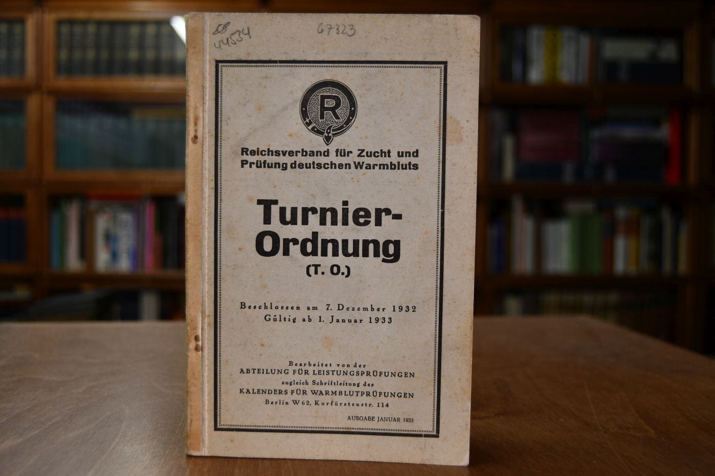 Reichsverband für Zucht und Prüfung deutschen Warmbluts. Turnierordnung (T.O.). Beschlossen am 7. Dezember 1932. Gültig ab 1. Januar 1933.