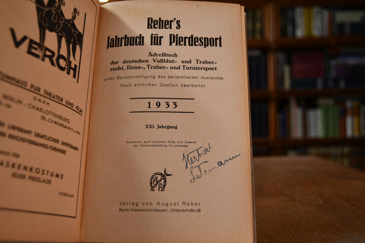 Reher`s Jahrbuch für Pferdesport, Vollblut- und Traberzucht in Deutschland unter Berücksichtigung des benachbarten Auslandes. 21. Jahrgang, 1933.