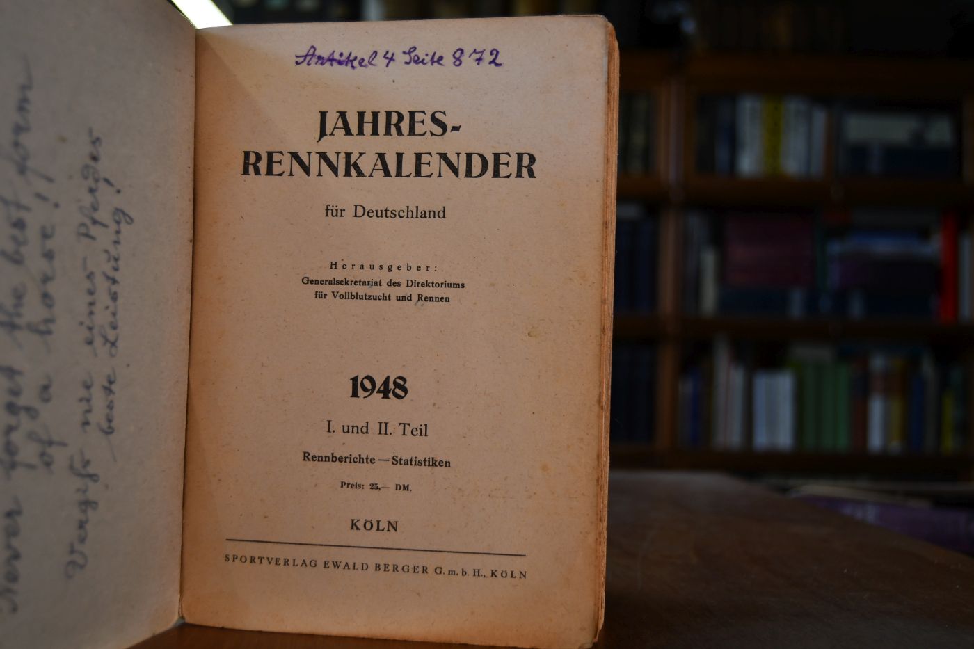 Jahresrennkalender für Deutschland 1948. I. und II. Teil Rennberichte - Statistiken