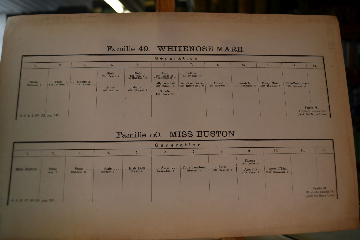Die Stamm-Mütter des englischen Vollblutpferdes. 50 Familien-Tafeln (nach Bruce-Lowe nummeriert). Darstellend die gerade weibliche Abstammung, bis auf die Urstamm-Mütter, der bedeutendsten in England, Frankreich, Deutschland, Oesterreich-Ungarn und Skandinavien gezogenen Renn- und Zuchtpferde des englischen Vollblutes nebst Vorwort, Siegerlisten und alphabetischem Verzeichnis.