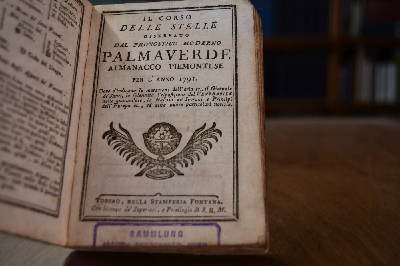 Il corso, delle stelle osservato dal pronostico moderno Palmaverde. Almanacco Piemontese per l`anno 1791.